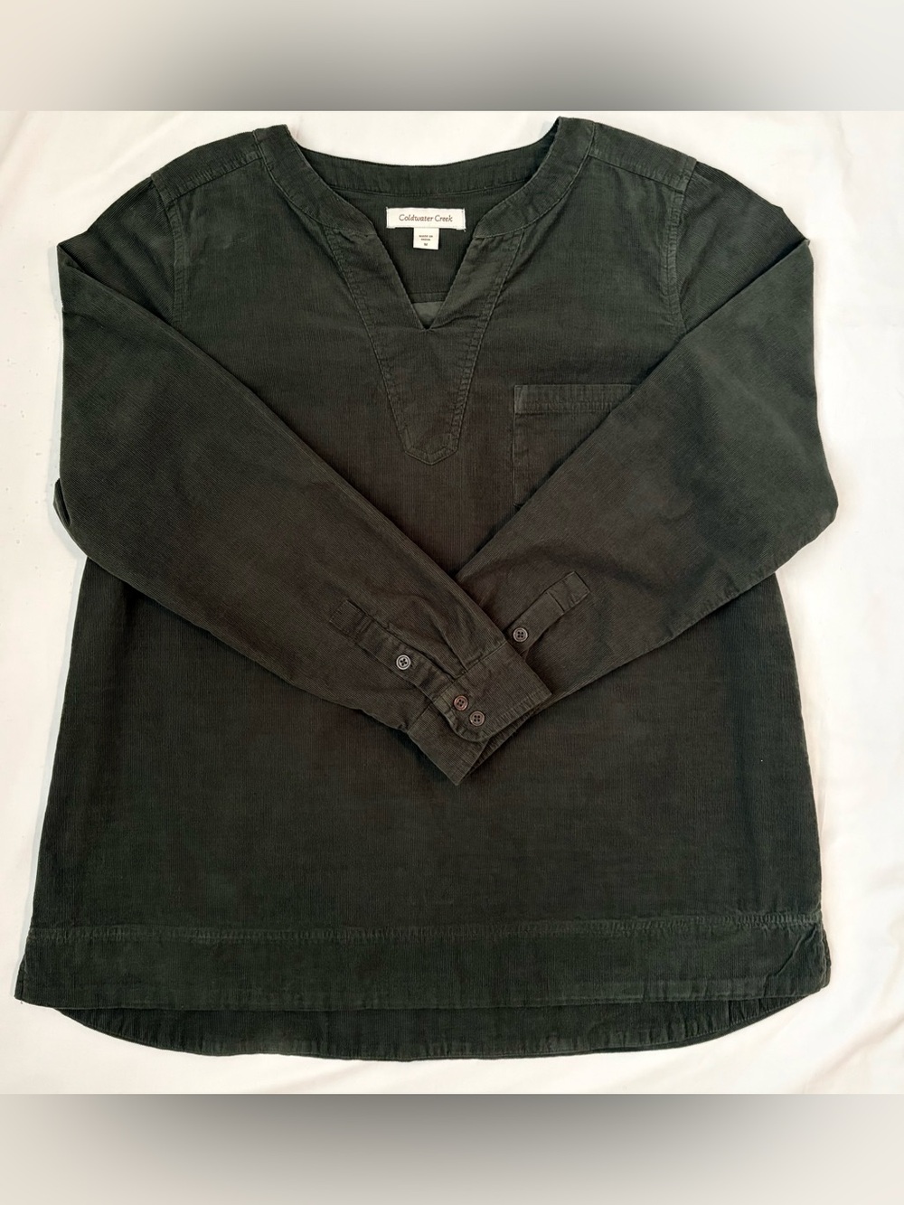 Coldwater Creek Olive Green Corduroy Split Neck Tunic Top Size M